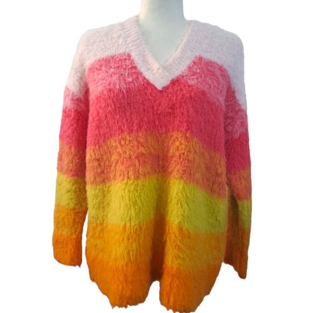 Anthropologie Women's Simone Striped Pullover Sweater Pink Orange Multi V Neck M